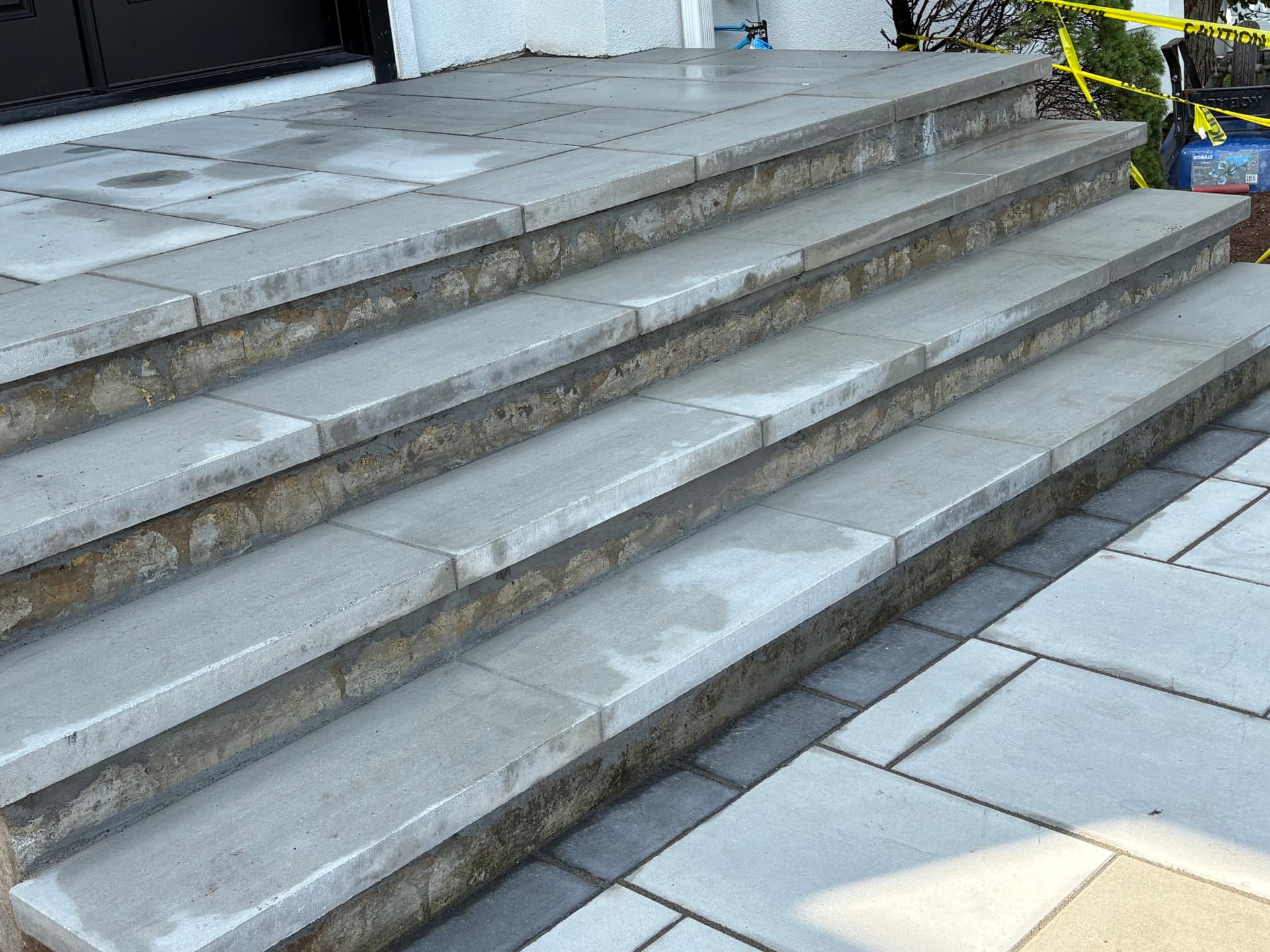 Bluestone entry steps with natural stone risers leading to a front landing