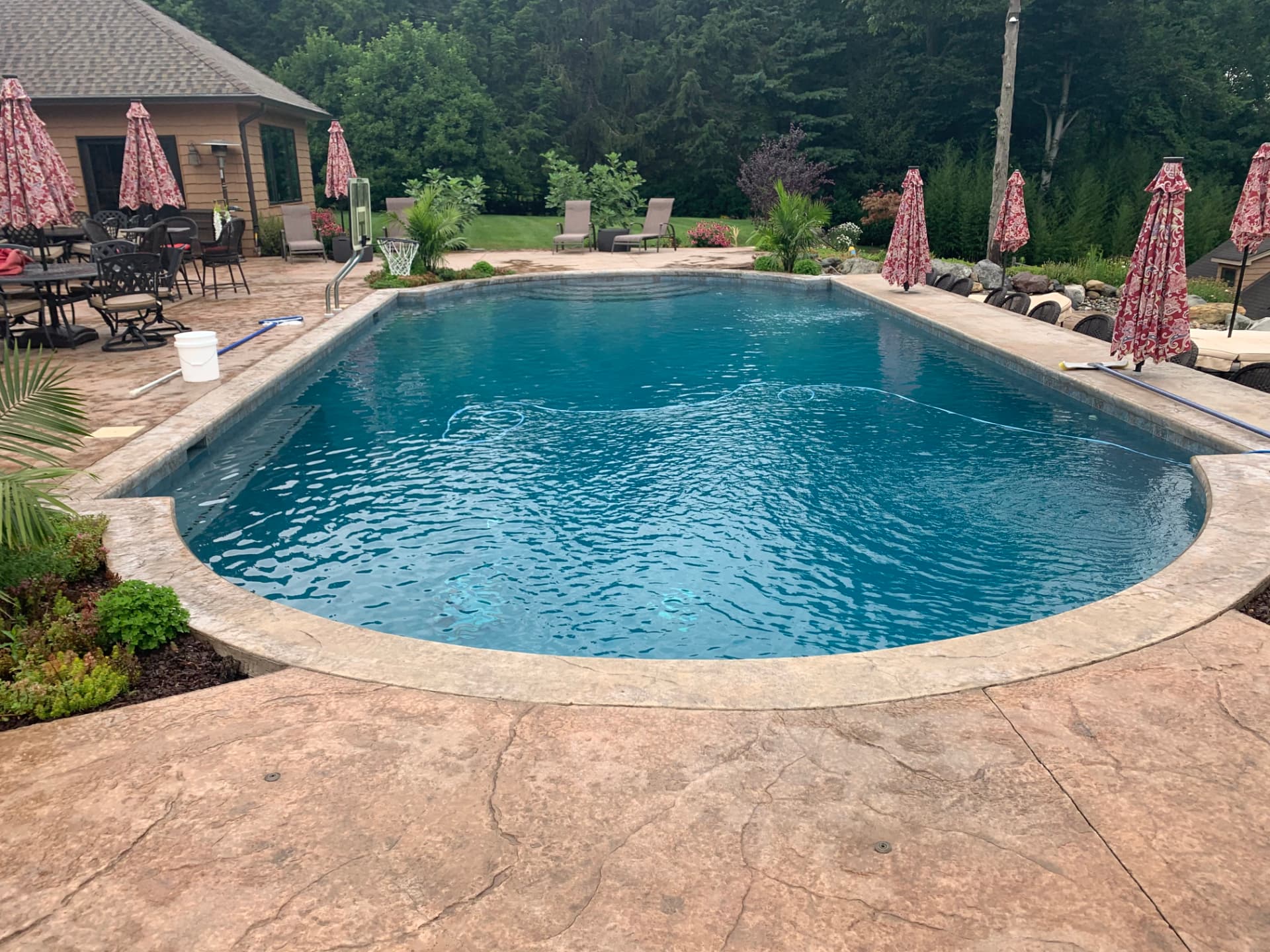 Freeform pool surrounded by tan stamped concrete decking
