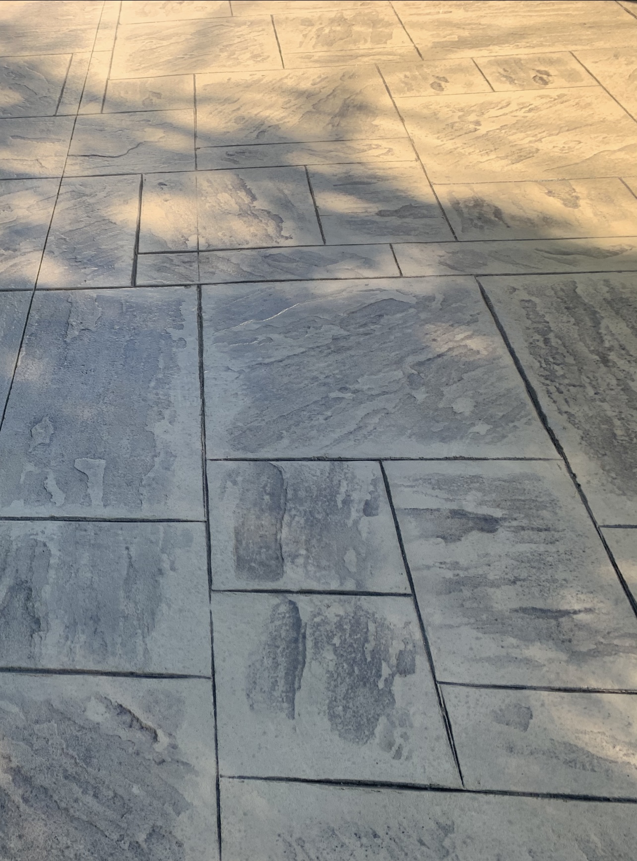 Bluestone ashlar stamped concrete patio in sunlight