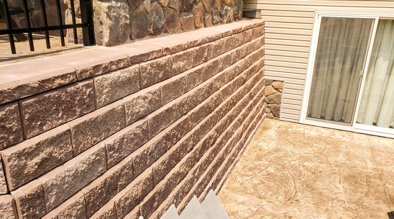 Segmental block retaining wall beside a stamped concrete patio